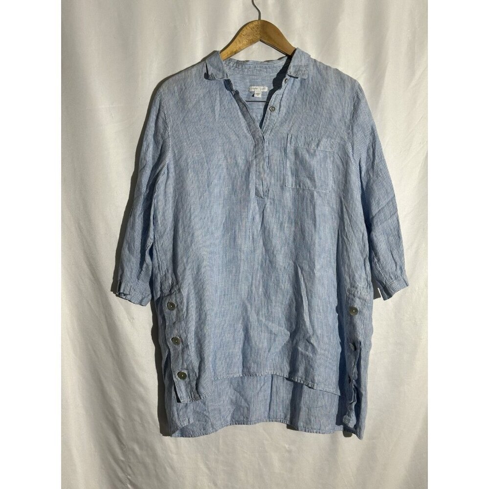 J. Jill Love Linen Blue White Stripe 100% Linen Partial Button Popover Blouse M‎